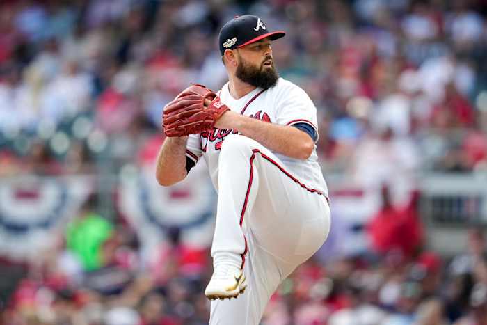 Oct 11, 2022; Atlanta, Georgia, USA; Atlanta Braves relief pitcher Jackson Stephens (53) throws against the Philadelphia Phillies in the eighth inning during game one of the NLDS for the 2022 MLB Playoffs at Truist Park.